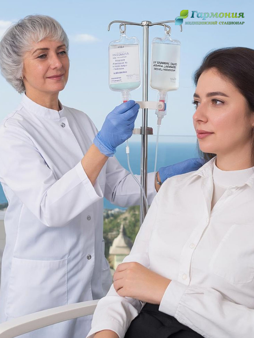 Врач и пациент с капельницей на фоне берега Полоцка