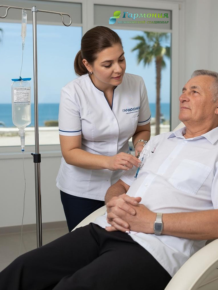 Врач и пациент с капельницей на фоне берега Полоцка
