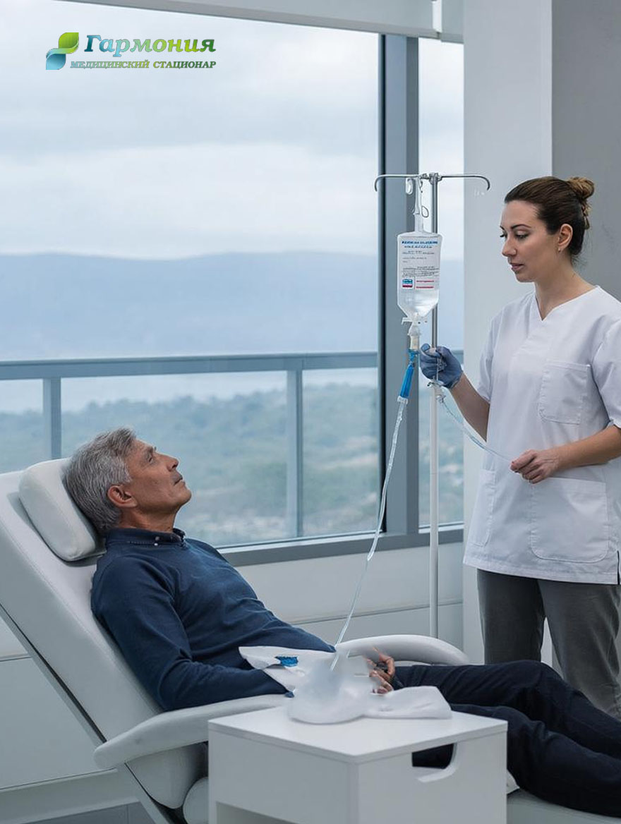 Врач и пациент с капельницей на фоне берега Полоцка